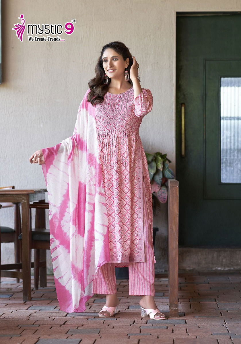 Sara Vol 12 By Mystic 9 Naira Cut Foil Printed Kurti With Bottom Dupatta Wholesale Market In Surat

